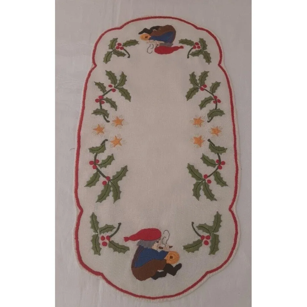 Vintage Scandinavian Embroidered Table Runner Christmas Gnome Holly Berry - Picture 2 of 6